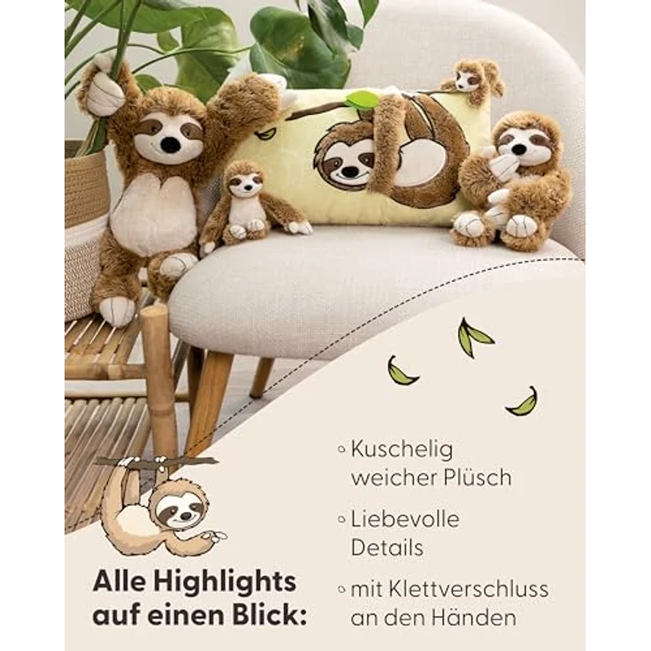 NICI Kuscheltier Faultier Slobby 35cm mit Klettverschluss braun - Plüschtier aus recyceltem Material, ideal zum Kuscheln und Spielen - Geschenkidee für Kinder & Erwachsene – Bild 4