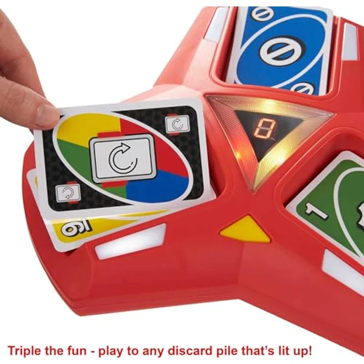 Mattel UNO Triple Play Kartenspiel, interaktives Spiel mit drei Ablagestapeln und "Triple Play!"-Modus für 2-6 Spieler – Bild 3