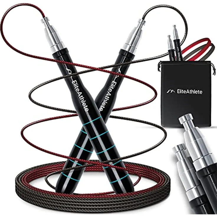 EliteAthlete Springseil Erwachsene - Speed Rope mit Ersatzseil - Profi Kugellager - Skipping Rope - Jump Rope - Fitness Crossfit Boxen - Sprungseil Erwachsener inkl. Seilschoner + Tasche