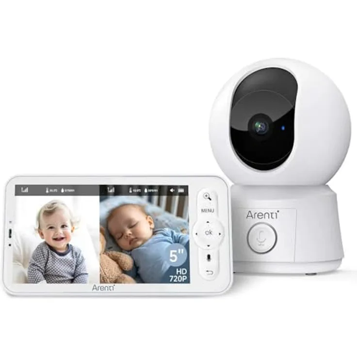 ARENTI AINanny B2 Kit, Full-HD Video-Babyphone mit 12,7 cm (5“) LCD-Bildschirm, IR-Nachtsicht, Schwenk- und Neigefunktion, Auto-Tracking, Temperatur- und Feuchtigkeitssensor, zwei-Wege-Audio