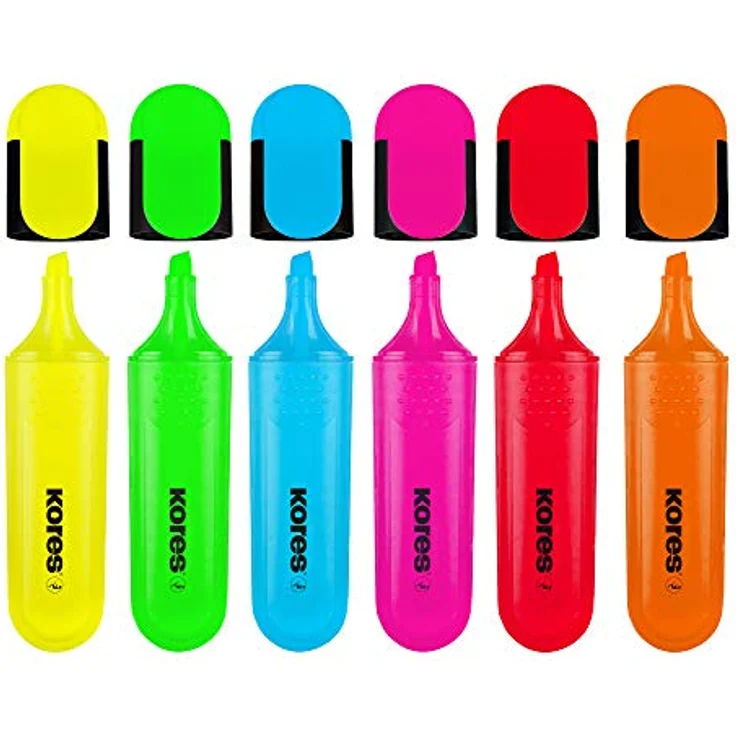 Kores TM36160 Textmarker 6er Set, 6 Farben (gelb/grün/orange/pink/rot/blau), wasserbasierte Tinte, auslaufsicher, abgerundete Form – Bild 2