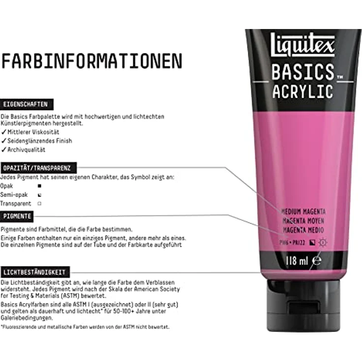 Liquitex Basics Acrylfarbe Mittelmagenta, 118ml Tube, lichtecht, monopigmentiert, mittlere Viskosität, seidenglänzend, Archivqualität – Bild 3