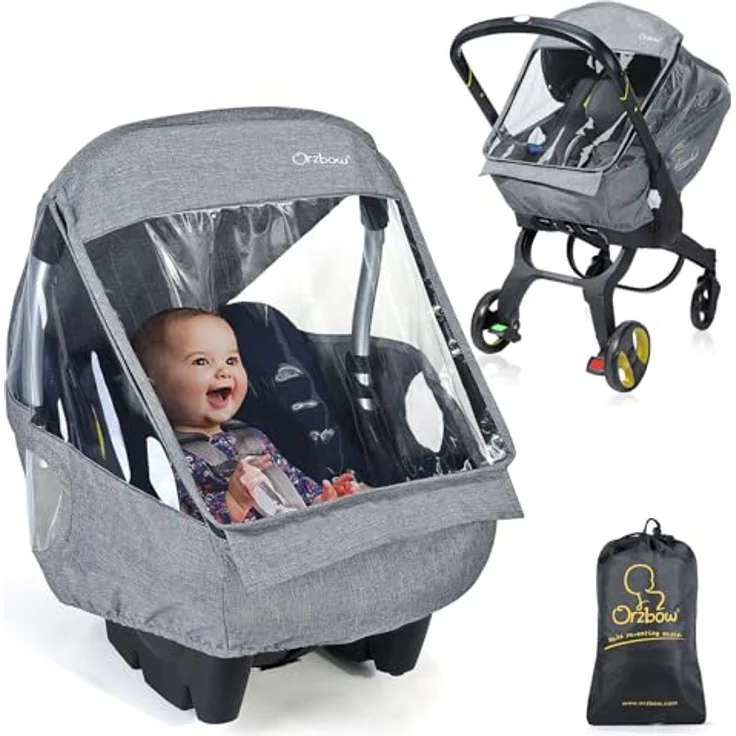 Orzbow Universal Regenschutz für Babyschale (z. B. Maxi-Cosi/Cybex/Römer),Abdeckbare Trageöffnung und Luftlöchern, Kontaktfenster,mit Tasche,Notwendiger Schutz für Babys oder Haustiere (Hellgrau) – Bild 2