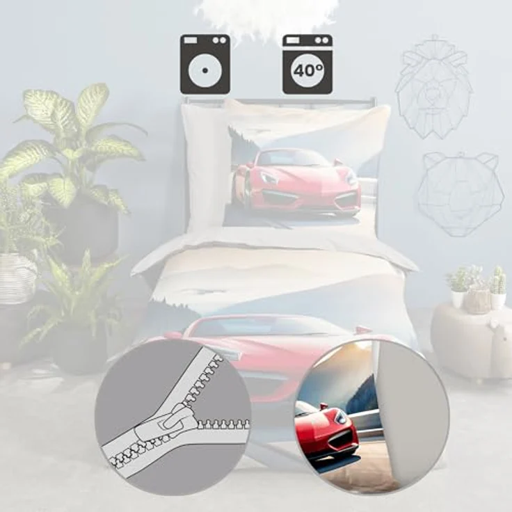 Good Morning Kinder-Wendebettwäsche Cabrio Renforcé, rot, 135x200 cm mit Motiv und Marken-Reißverschluss, 100% Baumwolle – Bild 3