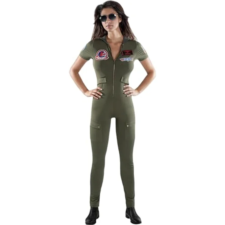 Maskworld Top Gun Catsuit - Damen - Lizenziertes Film-Kostüm für Erwachsene - Verkleidung Karneval Motto-Party - Größe: XL - Uniform-Look mit Original-Aufnähern und Frontzipper – Bild 1