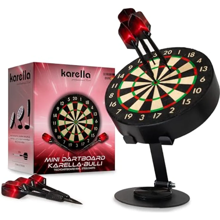 Karella Mini Dartboard Bulli, Miniatur Dartscheibe Ø 15 cm mit verstellbarem Metallständer, inkl. 6 schwarzen Steeldarts, für Zuhause, Schreibtisch, Deko, Geschenk – Bild 1