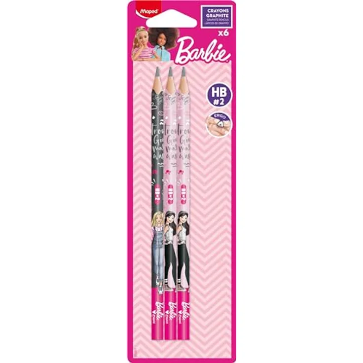 Maped Barbie HB Bleistift mit Radiergummikopf - 6er Pack Holzbleistifte mit Radiergummi - ergonomische Form, offizielle Barbie x Maped-Kollektion, rosa