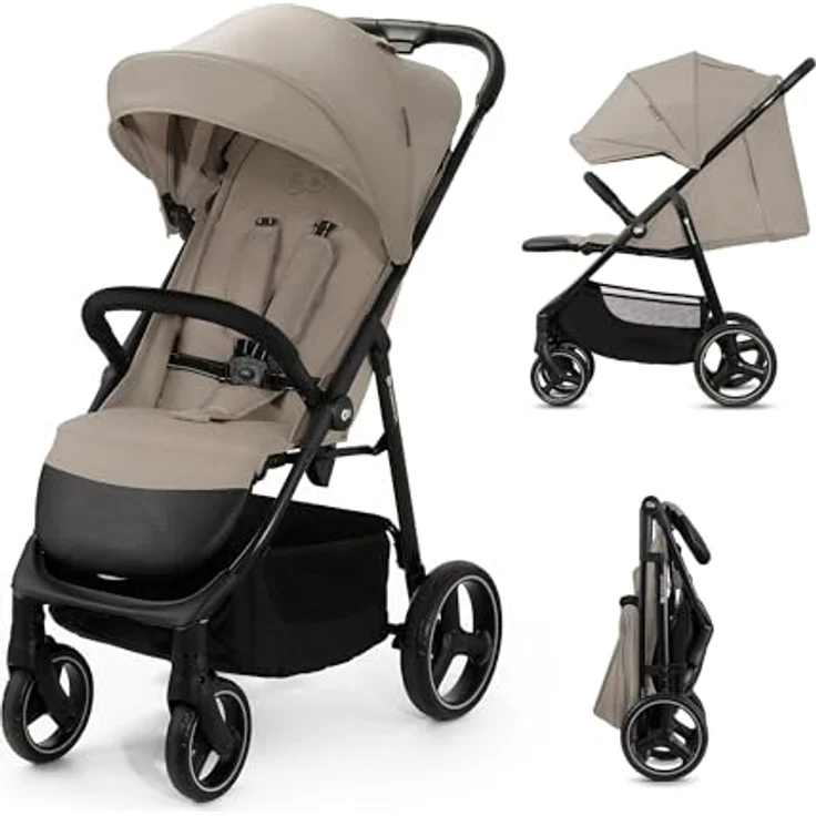Kinderkraft TRIG 3 Kinderwagen, Kinderbuggy, Liegewagen, Sportwagen, Buggy, Zusammenklappen, Breiter und tiefer Sitz, mit Liegeposition, 4 Rad Dämpfung, Großes Dach, 5-Punkt-Gurt, bis zu 25 kg, Beige – Bild 1