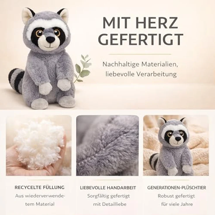 TE-IMPORTE Waschbär Plüschtier sitzend 27 cm grau mit glitzernden Augen, kuschelweich und waschbar – Bild 6