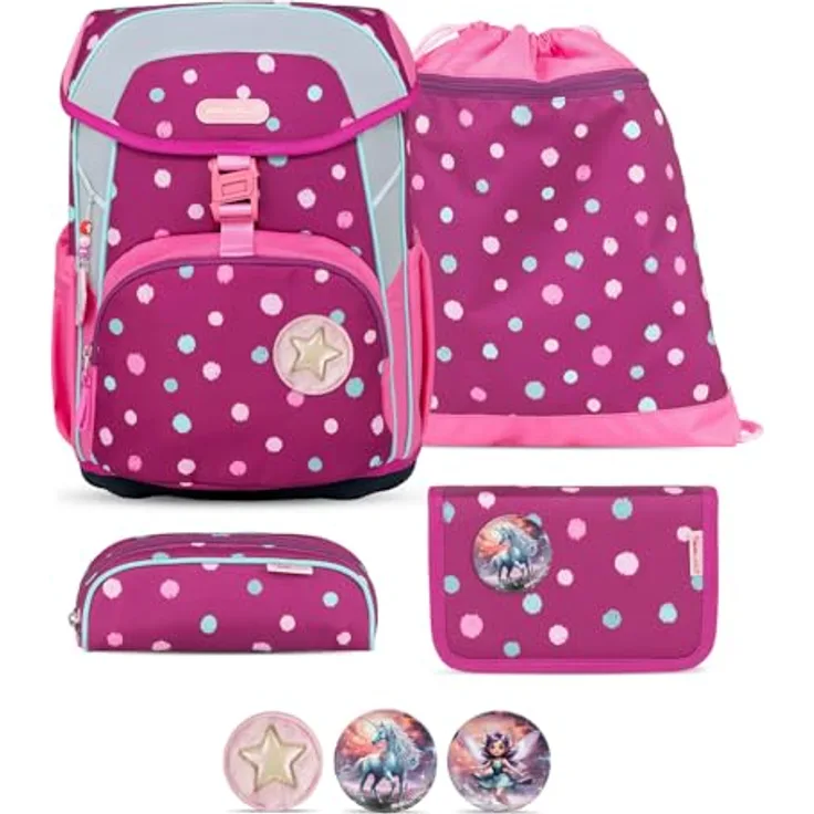 Belmil Schulranzen Kinderrucksack Maxi, ergonomisches 5-tlg. Set mit Brustgurt und 22 L Stauraum, wasserabweisend, reflektierende Elemente, ergonomische Rückenpolsterung