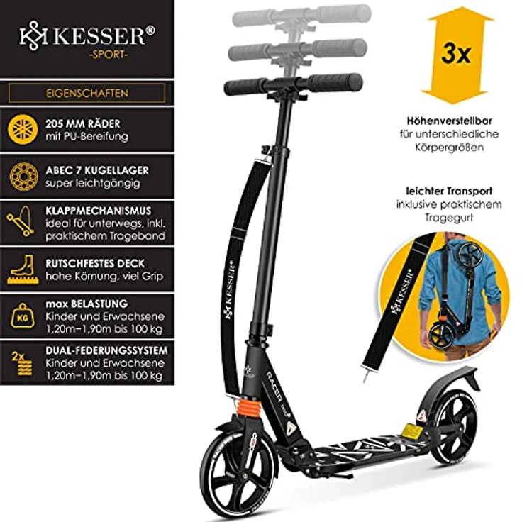 KESSER® Cityroller Scooter 205mm Räder PU Big Wheel - Pro-S Tretroller mit Doppel Federung, City-Roller Scooter klappbar und Höhenverstellbar, Roller Kickscooter für Erwachsene und Kinder Schwarz – Bild 3
