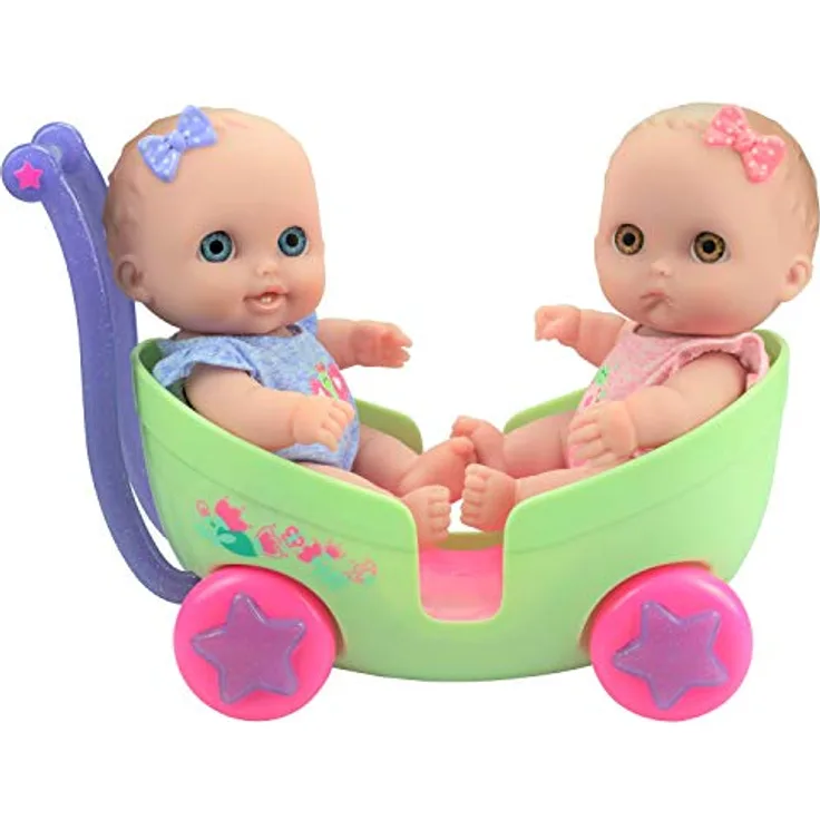 JC Toys Lil Cutesies Twin 21,6 cm Vinyl-Puppen und Kinderwagen-Set, beweglich und waschbar, abnehmbare Outfits, Doppel-Kinderwagen und Zubehör ab 2 Jahren, Grün