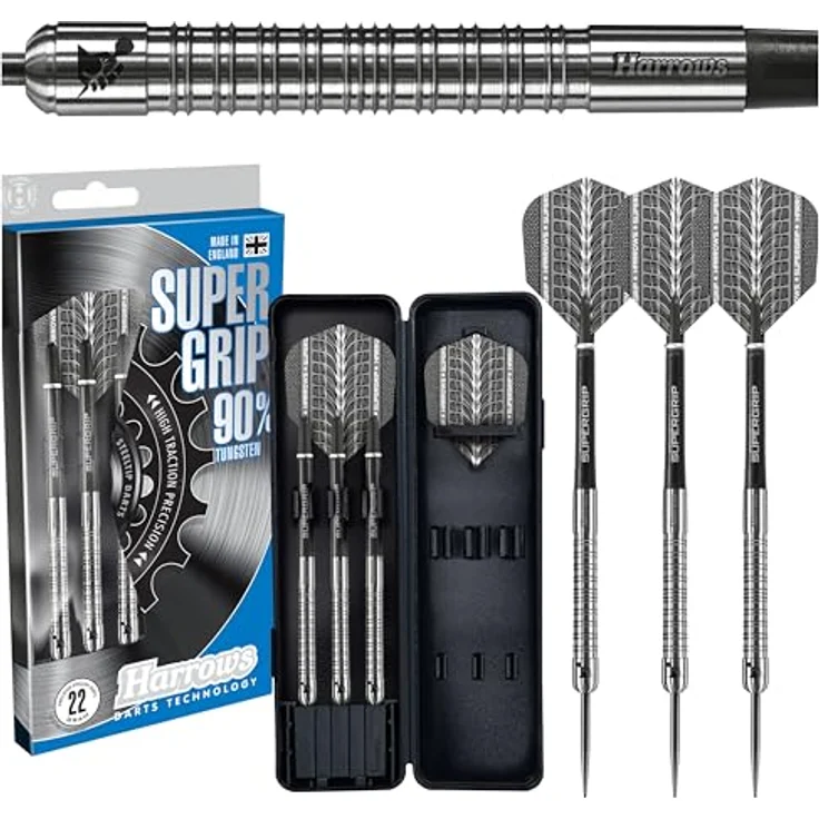 Harrows SUPERGRIP Darts-Set, 90% Wolframstahlspitze, 23 g, inkl. Supergrip-Schäfte, Supergrip-Flights, Reiseetui – Bild 1