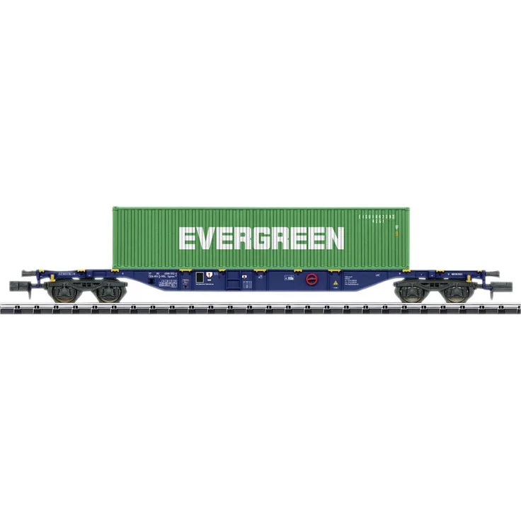 MiniTrix 18560 N Containertragwagen Sgnss, 4-achsiger Modelleisenbahn-Wagen mit 40ft-Container, Bauart RailReLease BV, Betriebszustand 2015