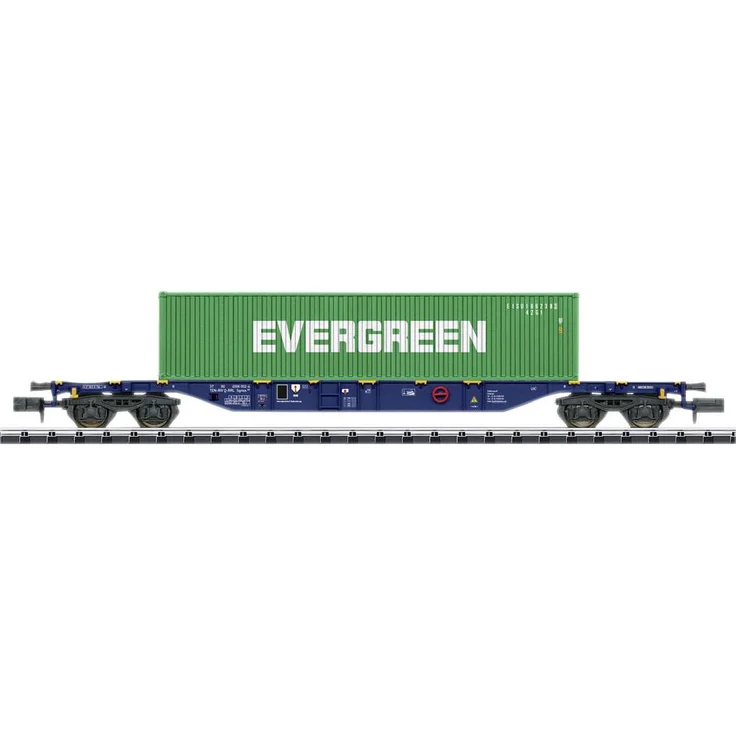 MiniTrix 18560 N Containertragwagen Sgnss, 4-achsiger Modelleisenbahn-Wagen mit 40ft-Container, Bauart RailReLease BV, Betriebszustand 2015