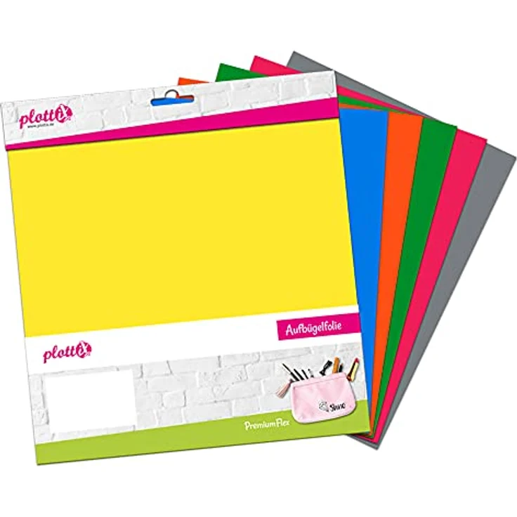 plottiX PremiumFlex Aufbügelfolie farbsortiert, 6er Set in hellgrün, blau, grau, gelb, orange, fuchsia, 30,0 x 30,0 cm, strapazierfähig und langlebig – Bild 2