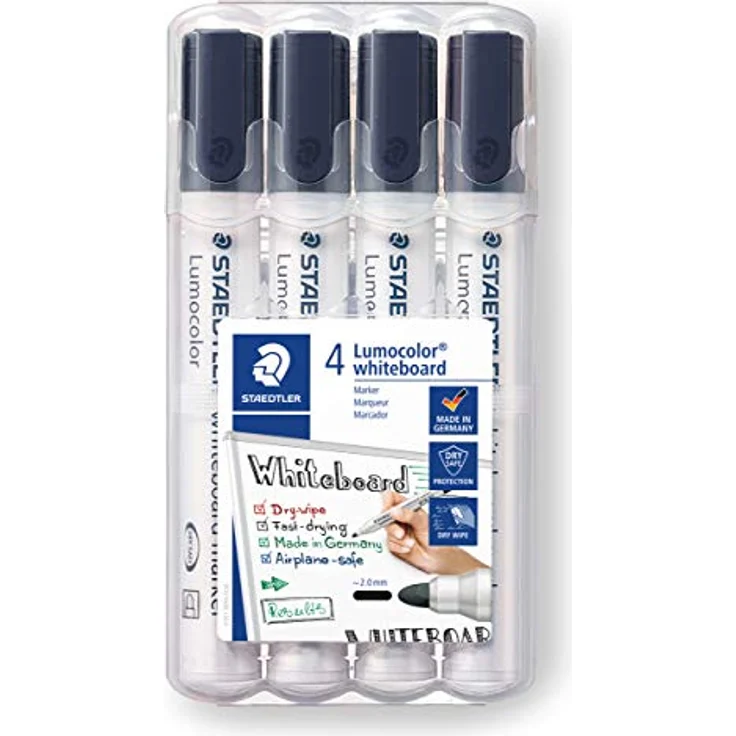 STAEDTLER Whiteboard Marker Lumocolor, Rundspitze ca. 2 mm Linienbreite, hohe Qualität, trocken und rückstandsfrei abwischbar von Whiteboards, Set mit 4 schwarzen Markern, 351 WP4-9X – Bild 1