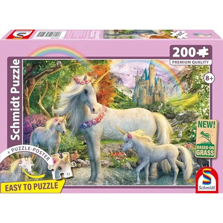 Schmidt Spiele 56540 Einhornstute mit Zwei Fohlen, 200 Teile Kinderpuzzle aus Graspappe, ökologisch und ressourcenschonend