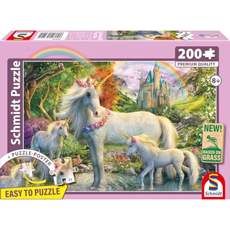 Schmidt Spiele 56540 Einhornstute mit Zwei Fohlen, 200 Teile Kinderpuzzle aus Graspappe, ökologisch und ressourcenschonend – Bild 1