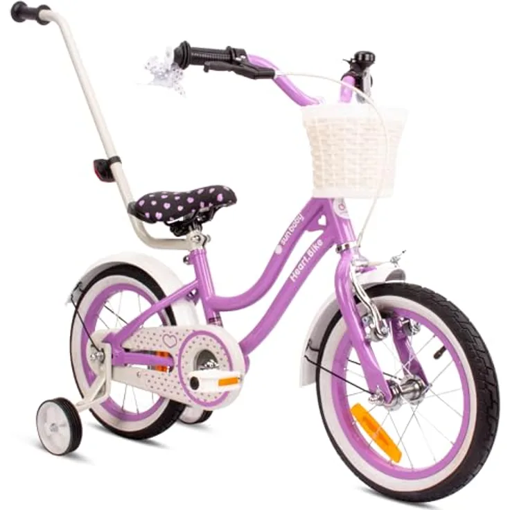 sun baby Mädchenfahrrad 14 Zoll Radgröße Heart Bike mit Abnehmbarer Schubstange (Violett, 14 Zoll)