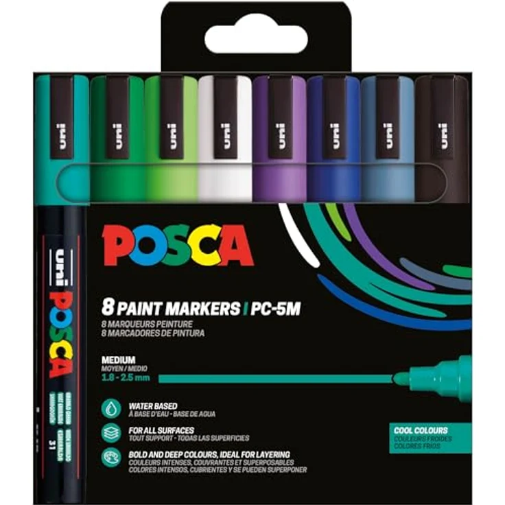 Posca Marker PC-5M, Set mit 8 Filzstiften in Weiss, Smaragdgrün, Schiefergrau, Violett, Dunkelgrün, Apfelgrün, Schwarz, Dunkelblau, 2.50 mm, wasserfest und lichtbeständig – Bild 2