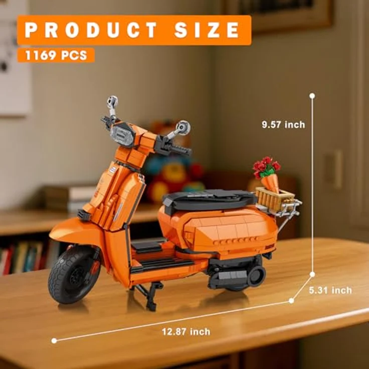 Reobrix V200 Motorrad-Baustein-Spielzeug, Maßstab 1:5, blau mit Korb-Bouquet-Ständer, 11036 Sammlungsfahrzeug, für Heimdekoration und Geschenke – Bild 5