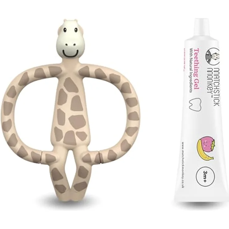 Matchstick Monkey Zahnungs-Set - Gigi Giraffe Beißring + Bio Zahnungsgel Erdbeere-Banane, Vegan, Tierversuchsfrei, BPA-frei