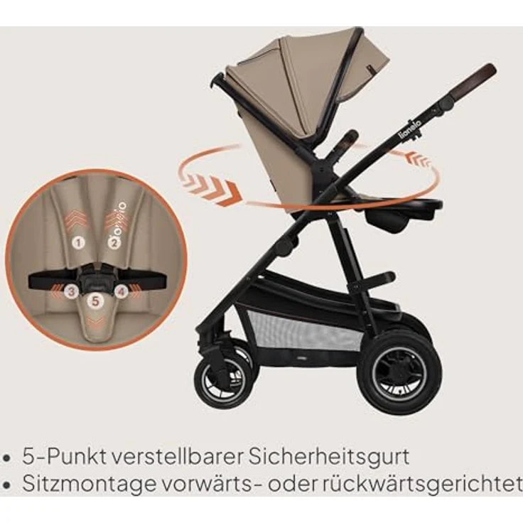 Lionelo Amber 3 in 1 Kombikinderwagen, mit sportlichem Sitz, Babywanne, Autositz und umfassendem Zubehör, Beige Sand – Bild 6