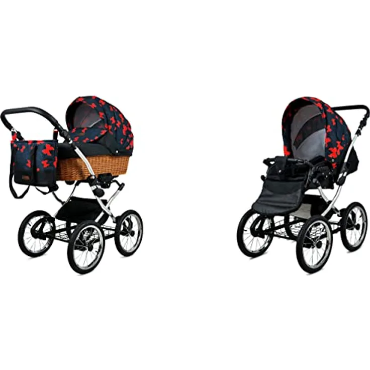 Babylux BabyLux ALU 2in1 Kinderwagen für Kleinkinder – Red Bow Silver Frame, verstellbarer tiefer Kinderwagen und Buggy, EU Norm EN 1888-1:2018+A1:2022, inkl. Zubehör