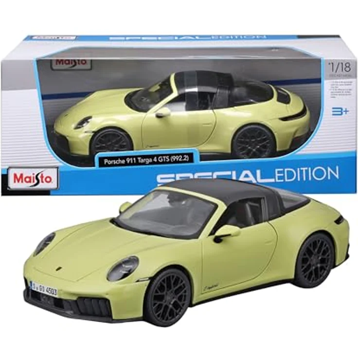 Maisto Porsche 911 Targa 4 GTS Hybrid 2025, Maßstab 1:18 Diecast-Auto mit 4 zu öffnenden Teilen, offiziell lizenziert, Metallic-Grün oder Gelb, Alter 3+ – Bild 3
