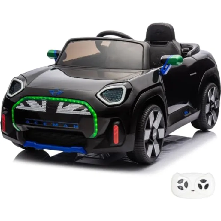 Vrooomy MINI Aceman Kinder Elektroauto 12V, mit Fernbedienung, Black, für 1 bis 5 Jahre, Sicherheitsgurte, MP3-Player, Soft-Start-Funktion, 2 Motoren