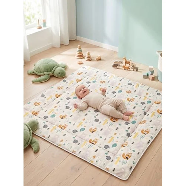 TupTam Krabbeldecke 120x120 cm, gepolsterte Spieldecke aus 100% Baumwolle, OEKO-TEX, weich & hautfreundlich, Farbe: Wald/Beige – Bild 3