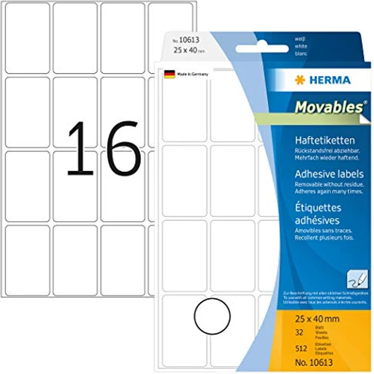 HERMA 10613 Etiketten ablösbar weiß, 32 Blatt, 25 x 40 mm, 16 pro Bogen, 512 Aufkleber, selbstklebend, Vielzweck Klebeetiketten zum Beschriften, Universal Haftetiketten aus Papier, blanko – Bild 1
