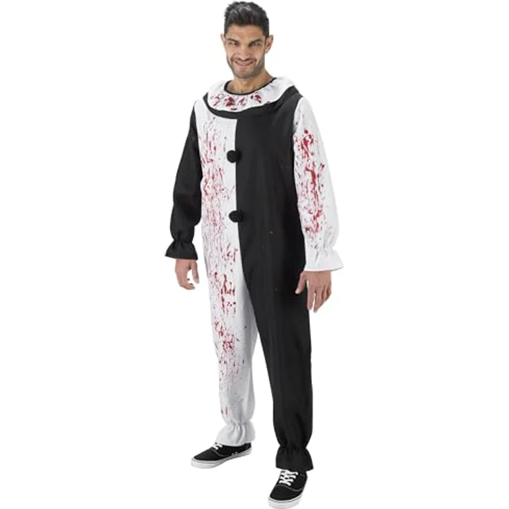 Chaks Terrifier Art the Clown Jumpsuit, Zweifarbiger Schwarz-Weiß Horror Look, Unisex Kostüm Overall für Halloween, Größe 164 – Bild 1