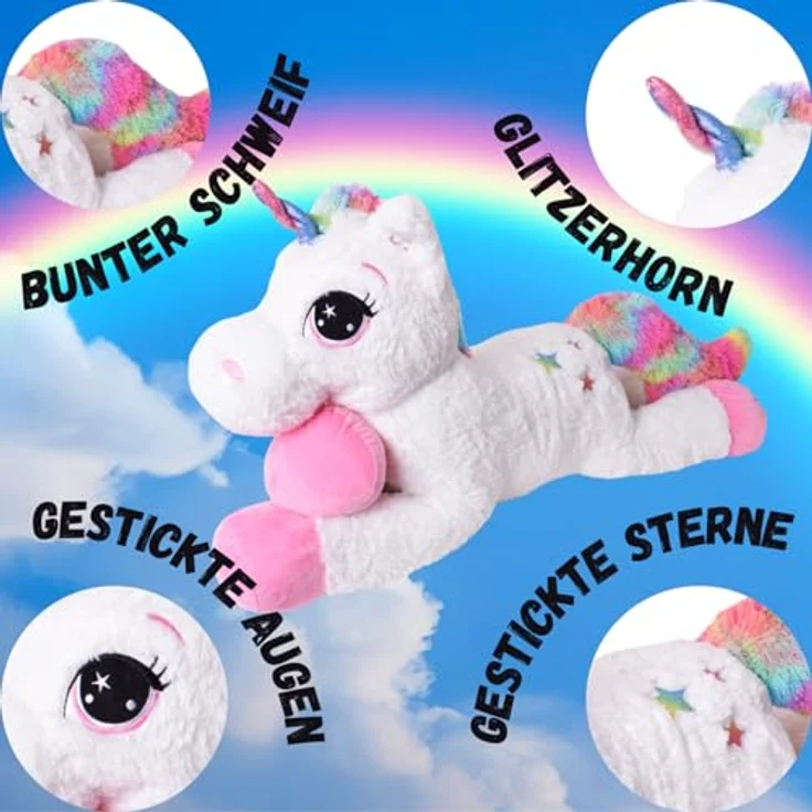 TE-Trend XXL Einhorn Kuscheltier 110cm Weiß mit Regenbogen Schweif und Horn – Bild 5