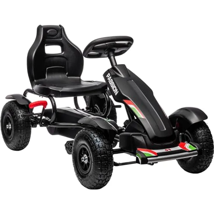 HOMCOM Go-Kart Tretauto, Kinderfahrzeug mit Handbremsen und verstellbarem Sitz, Schwarz, 121 x 58 x 61 cm