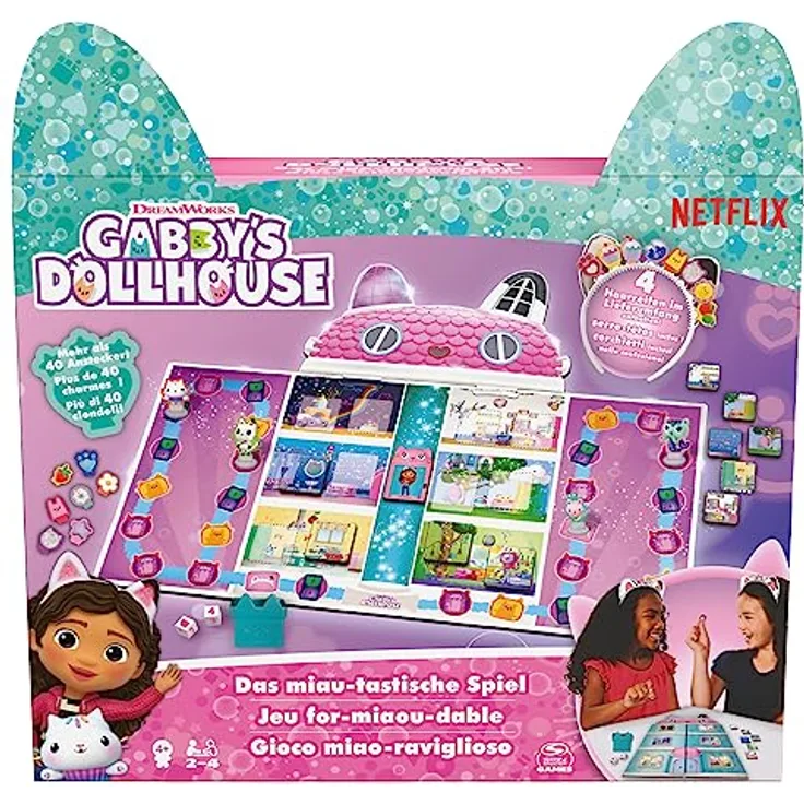 Spin Master Games Gabby's Dollhouse, Das MIAU-tastisches Spiel - Brettspiel zur beliebten Vorschulserie auf Netflix, für 2-4 Spieler, ideal für Kinder ab 4 Jahren