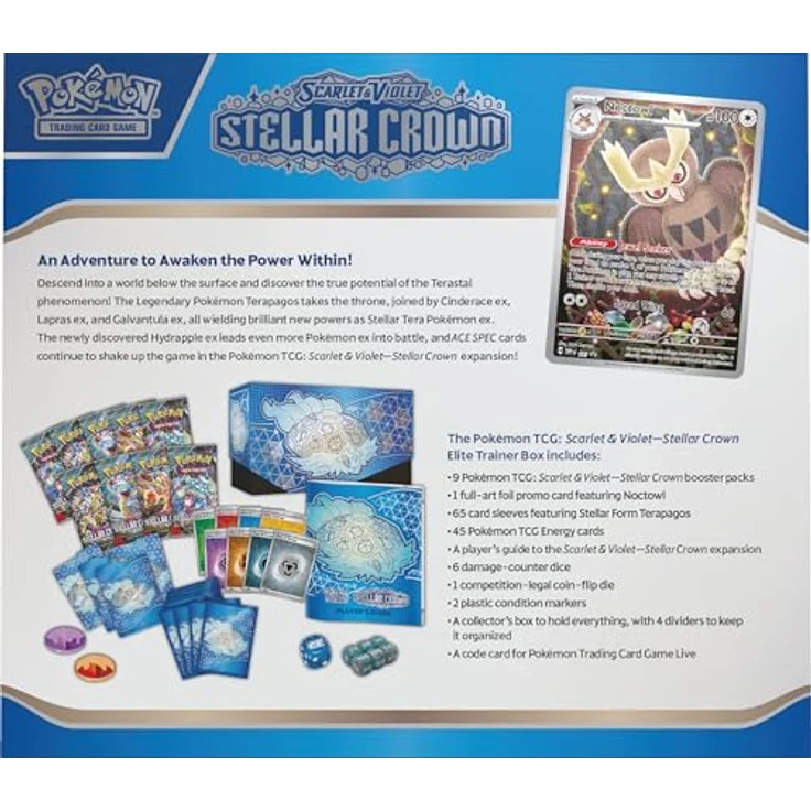 Nintendo Pokémon TCG: SV07 Stellar Crown Elite-Trainer-Box, Set 07 mit 9 Boosterpacks und Premium-Promokarte in Vollbildformat, E-nergiekarten und Zubehör – Bild 4