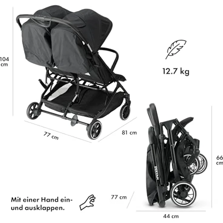 Deryan Rolo X2 Kinderwagen Buggy 2 in 1, kompakt & faltbar, belastbar bis 44 kg, von Geburt bis 4 Jahre, schwarz – Bild 5