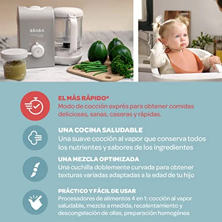 BEABA, Babycook Express, 4 in 1 Babynahrungszubereiter, schnelles Kochen: weniger als 15 Min, Mixen, schonendes und gesundes Dampfgaren, Auftauen, Aufwärmen, Kapazität 1250 ml, Samtgrau – Bild 3