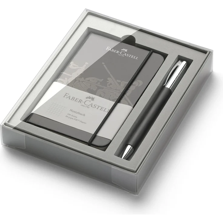 Faber-Castell Ambition Kugelschreiber Set, edelstahlverchromt mit schwarzem Edelharz, inklusive Notizbuch A6, 1 Stück – Bild 1