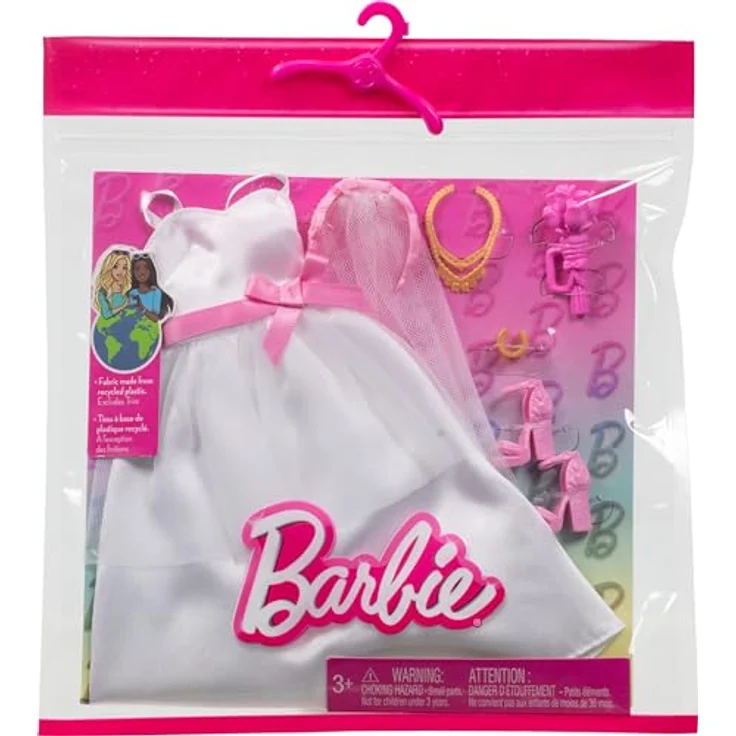 Barbie Fashions 2er-Pack Braut Mode, Satin-Hochzeitskleid in Weiß mit rosa Akzenten und Zubehör – Bild 2