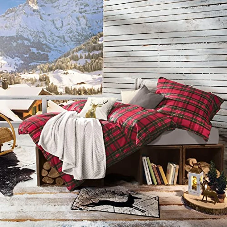 Erwin Müller warme Bettwäsche Flanell buntgewebt rot Größe 135x200 cm (80x80 cm) - hautsympathisch, atmungsaktiv, samtweich, 100% Baumwolle, mit Knopfverschluss (weitere Größen) – Bild 3