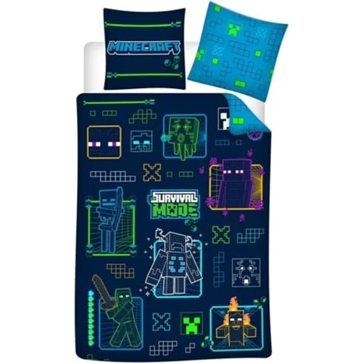 AYMAX Bettwäsche Minecraft Neon für Kinder, Bettbezug 140 x 200 cm + Kissenbezug 63 x 63 cm, 100% Polyester, maschinenwaschbar