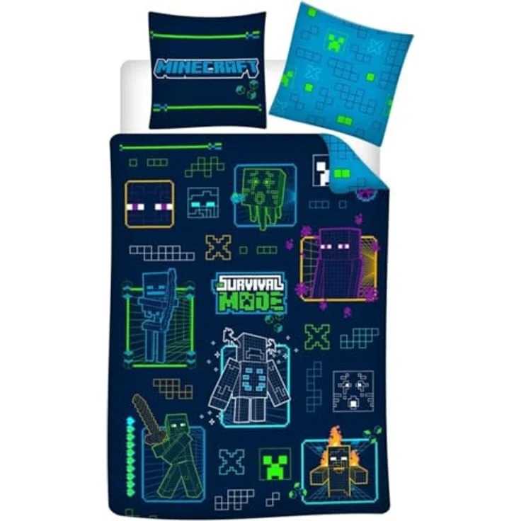 AYMAX Bettwäsche Minecraft Neon für Kinder, Bettbezug 140 x 200 cm + Kissenbezug 63 x 63 cm, 100% Polyester, maschinenwaschbar – Bild 1