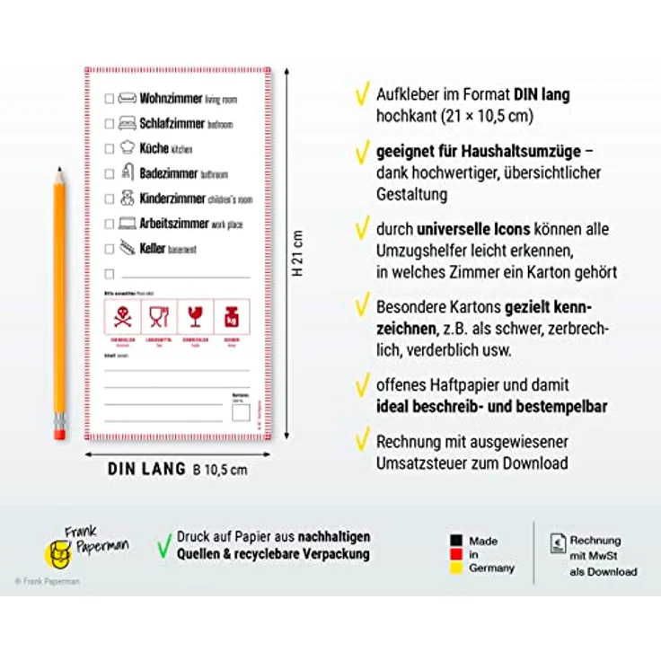 Frank Paperman | 110 x Aufkleber für Umzugskartons | Etiketten selbstklebend zum Beschriften | DIN lang hochkant | auf Deutsch und Englisch | Umzug Hilfsmittel | packing boxes – Bild 2
