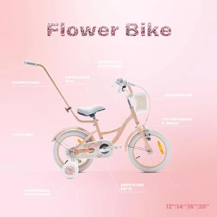 sun baby Mädchenfahrrad 14 Zoll Flower Bike mit Abnehmbarer Schubstange, für Mädchen von 2-6 Jahre (Aprikose) – Bild 5