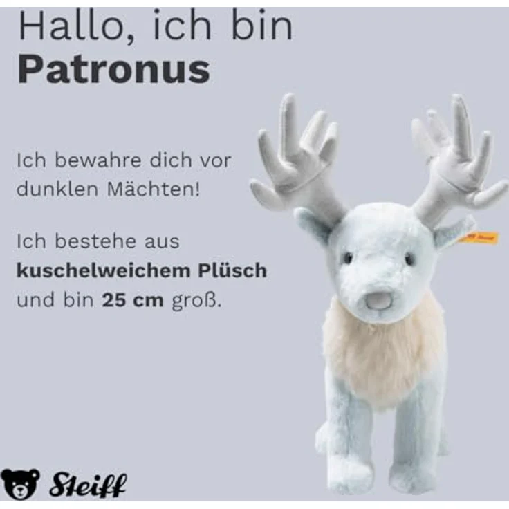 Steiff Hirsch Patronus 25 cm, kuschelweiches Plüschtier in eisblau mit Edelstahl-Knopf im Ohr – Bild 2