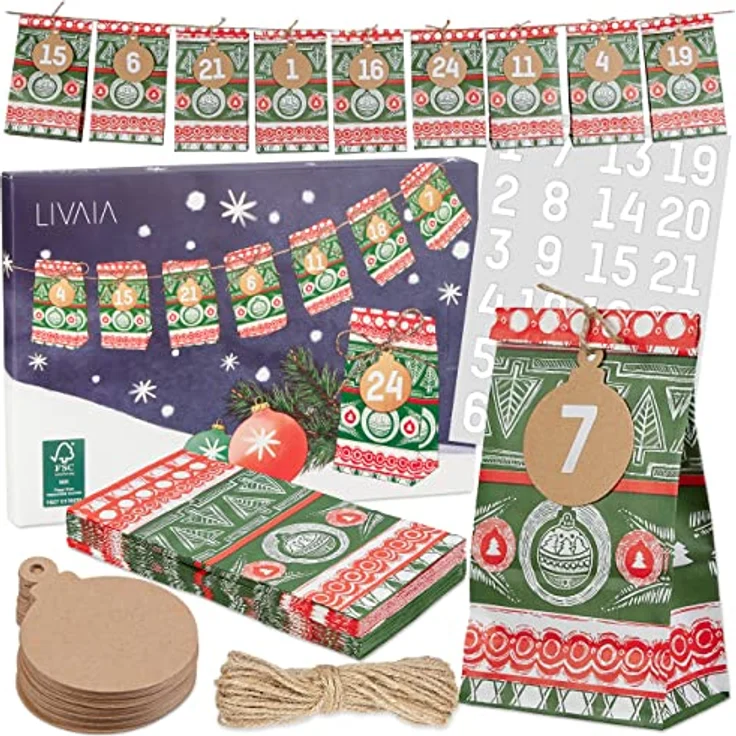 LIVAIA Adventskalender Tüten zum Befüllen, Papiertüten klein – Weihnachtliche Motive, DIY Set 2023 – Bild 1