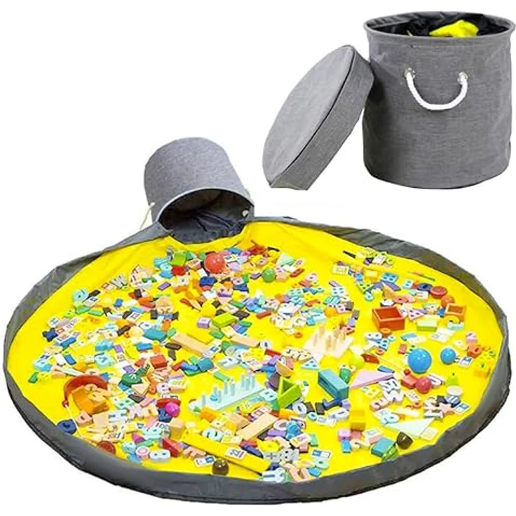 KRUZZEL Spielmatte Aufbewahrungsbox mit Spielzeugkorb, grau/gelb-schwarz, wasserfest, 135 cm Durchmesser, verstärkte Griffe für leichten Transport – Bild 7